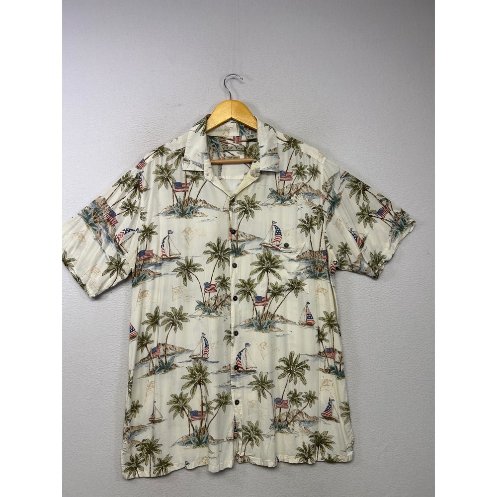 Americana Tropical Batik Bay Mens XLT Cream Palm Tree Sailboat Camp Shirt